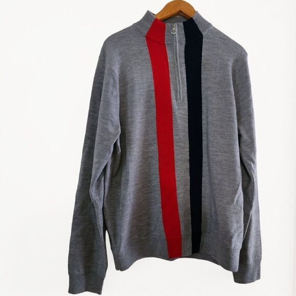 G/Fore Men's 100% Merino Wool 1/4 Zip Sweater Pullover Striped Heather Gray XL - Picture 2 of 13